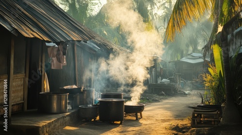 Morning Smoke in a Rural Village: A wispy column of smoke rises from cooking fires in a rustic village, painting an ethereal glow across the quaint homes, bathed in the warm light of the rising sun. photo