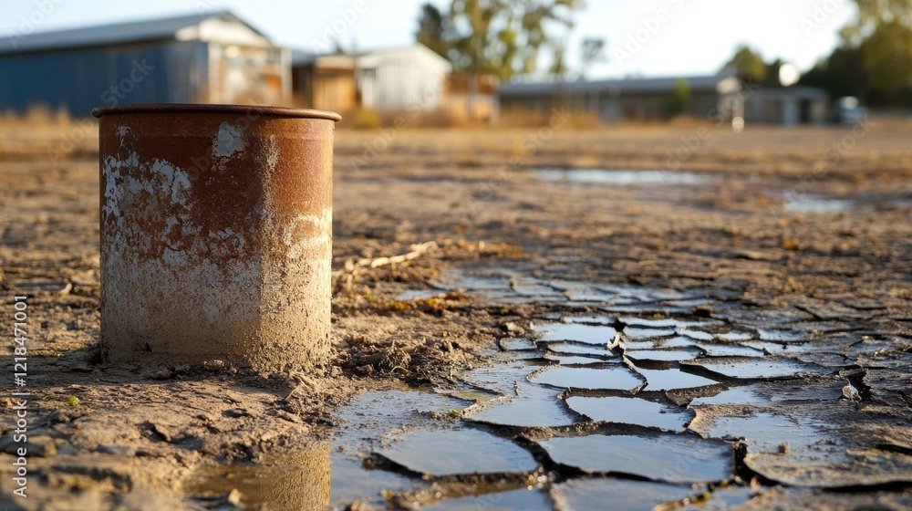 Rusty Can in Arid Landscape: A solitary, rusty can stands amidst cracked, dry earth, mirroring the harshness of the arid landscape.  A puddle reflects the desolate environment.