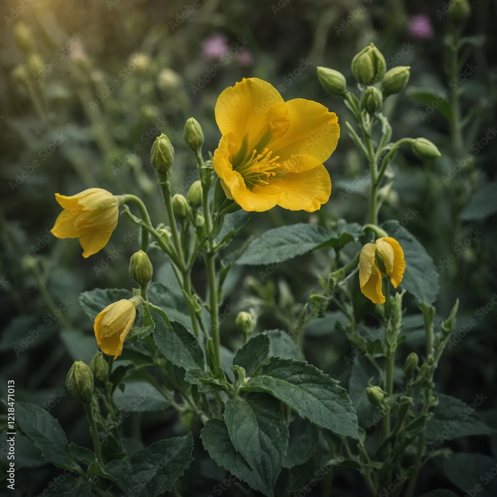 A yellow bell flower in partial bloom with its green calyx visible. A yellow bell flower in partial bloom with its green calyx visible.