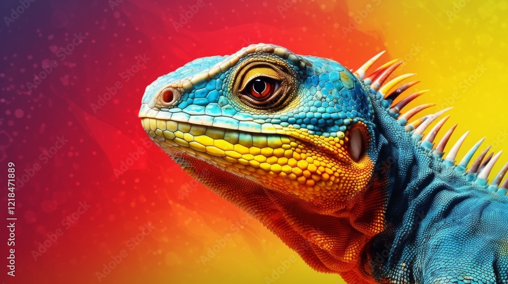 Obraz premium Colorful lizard with vibrant scales posing against a bright gradient backdrop during daylight