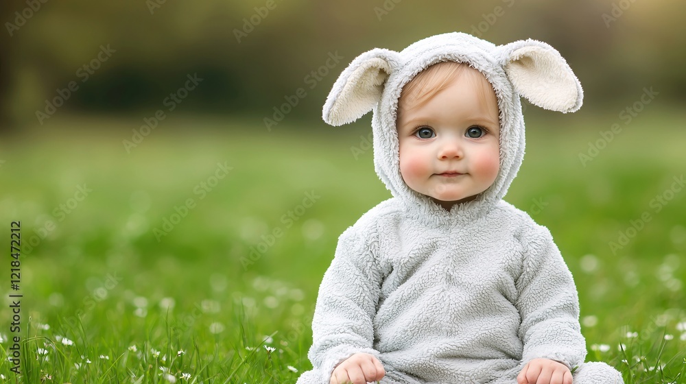 A cute toddler dressed in a fluffy bunny costume, sitting on green grass, exuding innocence and charm in a natural setting. A cute toddler dressed in a fluffy bunny costume, sitting on green grass, exuding innocence and charm in a natural setting.