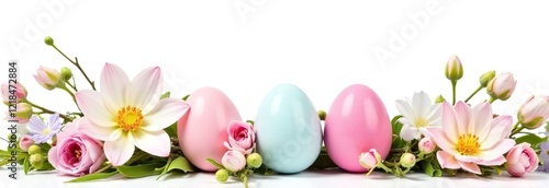 Easter composition. Banner on a white background. the eggs are white with gray spots, with delicate bright pink, blue, yellow, lilac flowers on long stems in the background. top view. five eggs, a lot