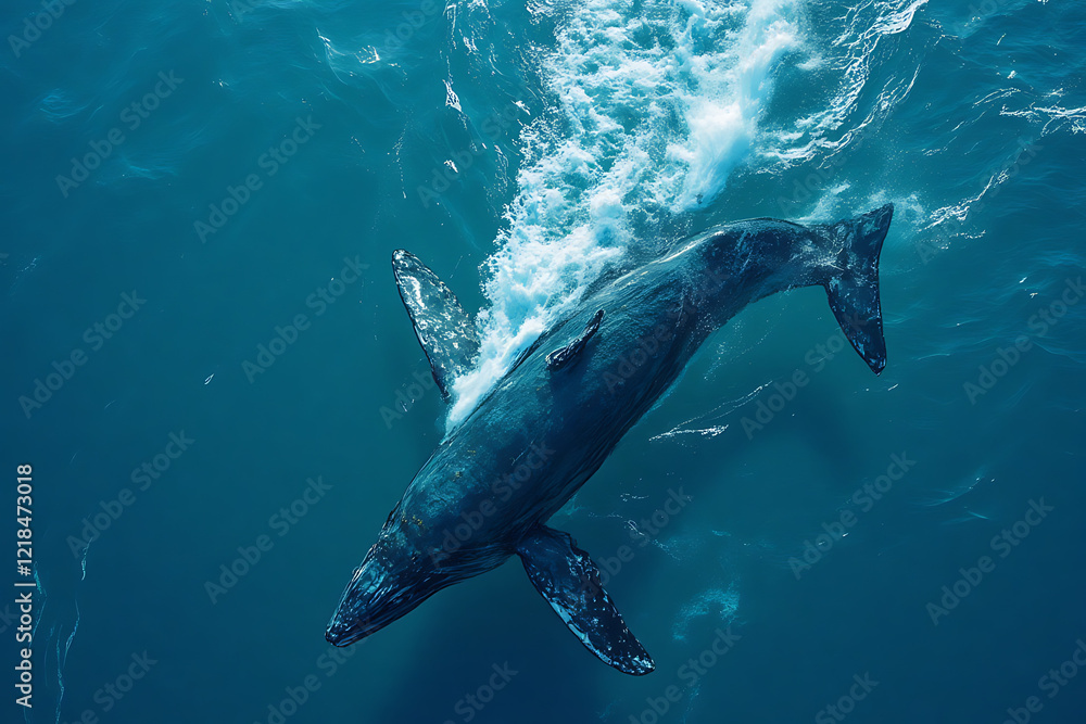 Naklejka premium A magnificent humpback whale is gracefully swimming through the vast and deep ocean waters, showcasing its beauty and elegance