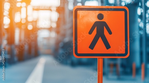 A bright orange pedestrian sign stands prominently in an industrial setting, indicating a designated walking area amidst machinery and equipment. photo