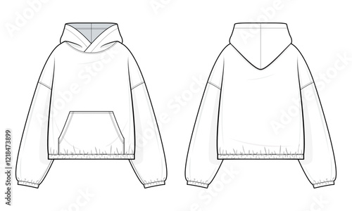Hooded Loungewear jacket Technical Fashion Illustration. Oversized-Fit Hoodie with Kangaroo Pocket and Garterized Cuffs and Hem vector template. Casual street wear. White. CAD Mockup Set.