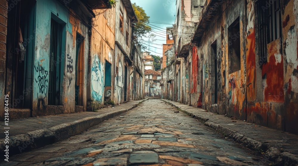 Fototapeta premium Urban Alleyway Mystery: A narrow, cobblestone alleyway winds between aged buildings adorned with vibrant graffiti art, creating a captivating urban landscape.