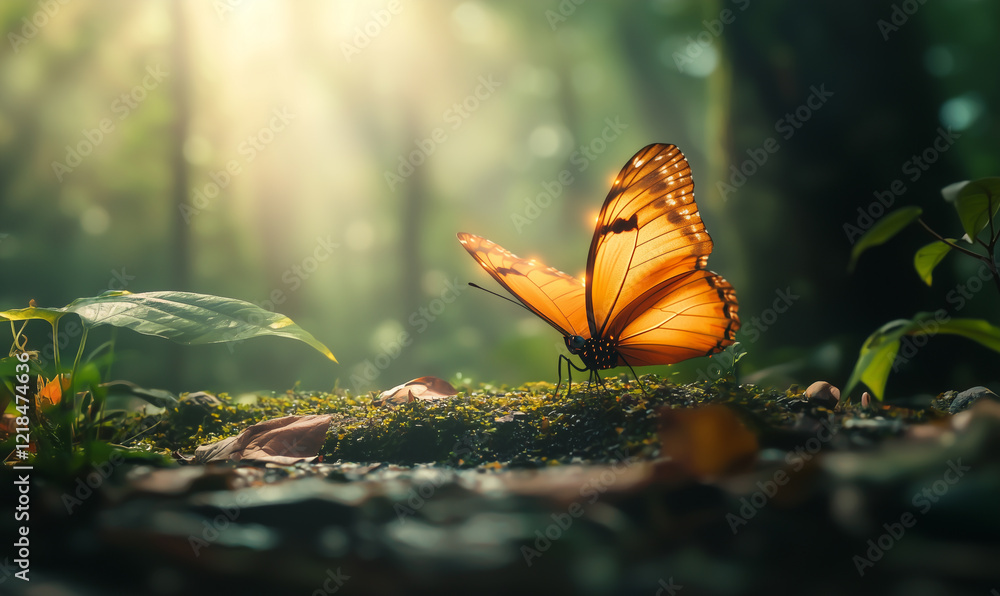 Butterfly landing on mossy ground enchanted forest nature photography serene environment close-up view concept of digital transformation Butterfly landing on mossy ground enchanted forest nature photography serene environment close-up view concept of digital transformation