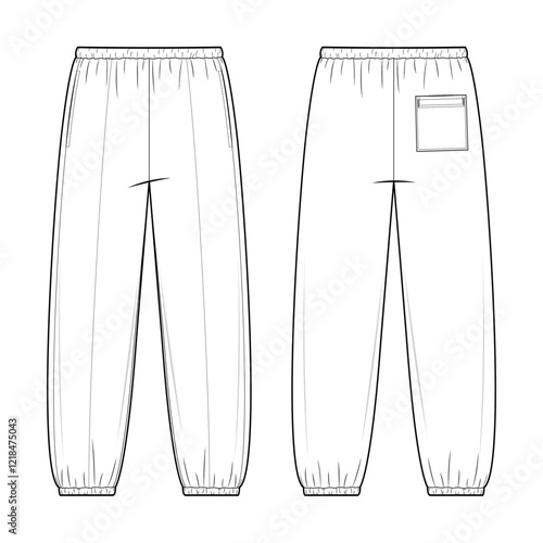 Jogger Pants Technical Fashion Illustration. Sweatpants with Garterized Waistband and ankles Vector Template. Tapered Silhouette. Unisex Activewear. CAD Mockup Set.