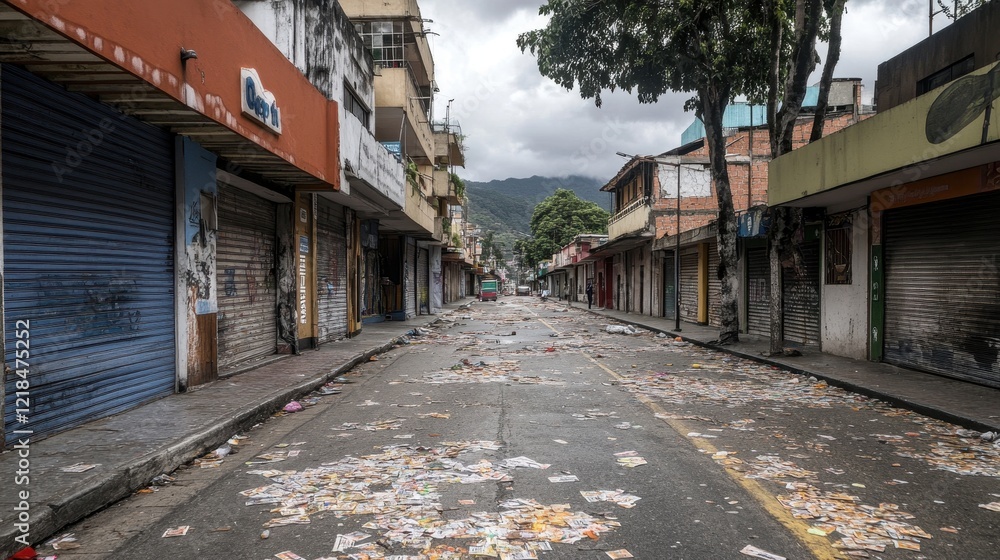 Desolate Street Scene: A haunting view of an empty street littered with debris and scattered paper, showcasing the aftermath of a turbulent event.