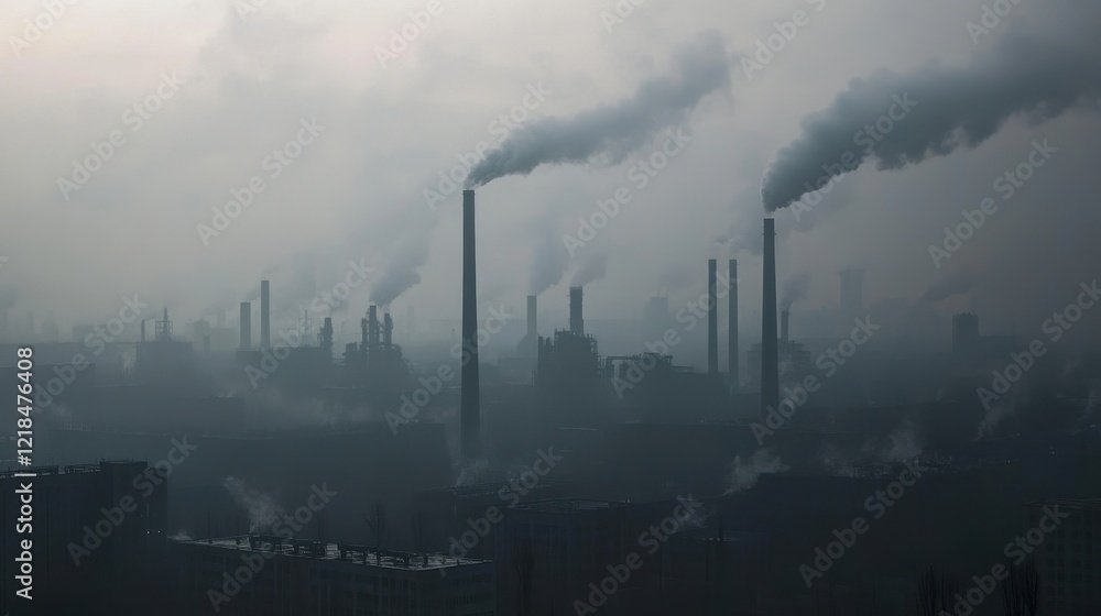 Smog-Shrouded Industrial Complex: A panoramic view of a sprawling industrial complex shrouded in heavy smog, with numerous smokestacks billowing dark plumes of pollution into the atmosphere. Smog-Shrouded Industrial Complex: A panoramic view of a sprawling industrial complex shrouded in heavy smog, with numerous smokestacks billowing dark plumes of pollution into the atmosphere.
