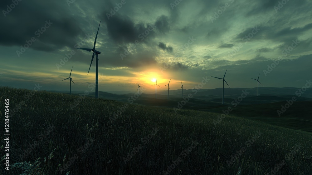 Obraz premium Sunset Wind Farm: Silhouetted wind turbines stand tall against a dramatic sunset, their blades gently turning against a backdrop of rolling hills and a moody sky.