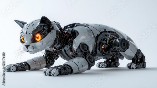 Hyperrealistic Robotic Cat with Glowing Eyes Futuristic Metallic Design and High-Tech Features