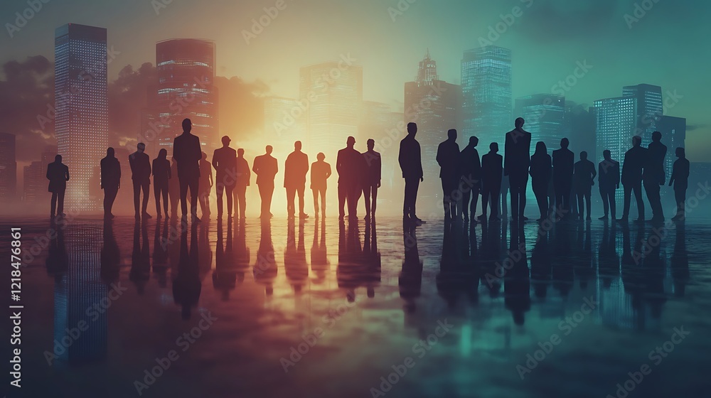 Silhouetted Figures Before a Cityscape at Dusk Silhouetted Figures Before a Cityscape at Dusk