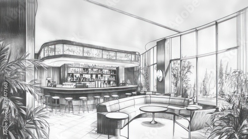 Modern bar interior design sketch, city view.  Possible stock photo use photo