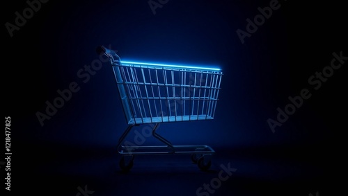 Shopping cart on a black background with a red metal frame and empty basket for e-commerce, ai generated photo