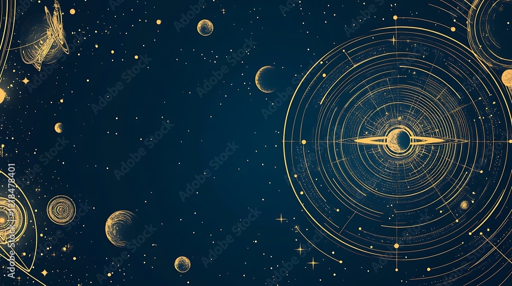 Obraz premium Celestial Dance: A cosmic ballet of planets, stars, and swirling galaxies in a mesmerizing golden and navy blue hue.