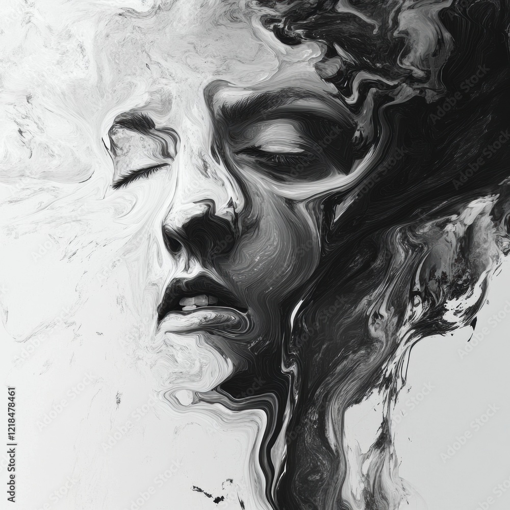 Fototapeta premium Abstract art representation of a face with dynamic black and white fluid patterns in a modern artistic style. Generative AI