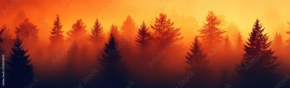 Obraz premium Enchanting Sunset Over Misty Forest with Silhouetted Pine Trees in Vibrant Shades of Orange and Yellow Illustrating Tranquility and Natural Beauty in a Landscape Scene