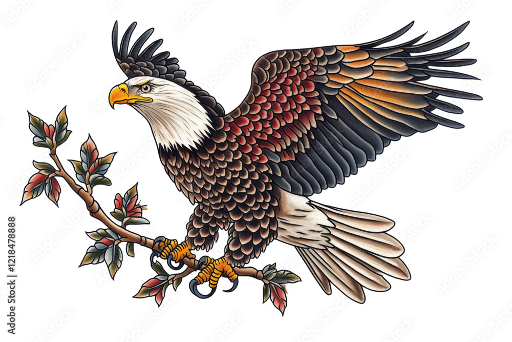Fototapeta premium Majestic Bald Eagle Tattoo Design with Intricate Details and Vibrant Colors Perched on a Branch