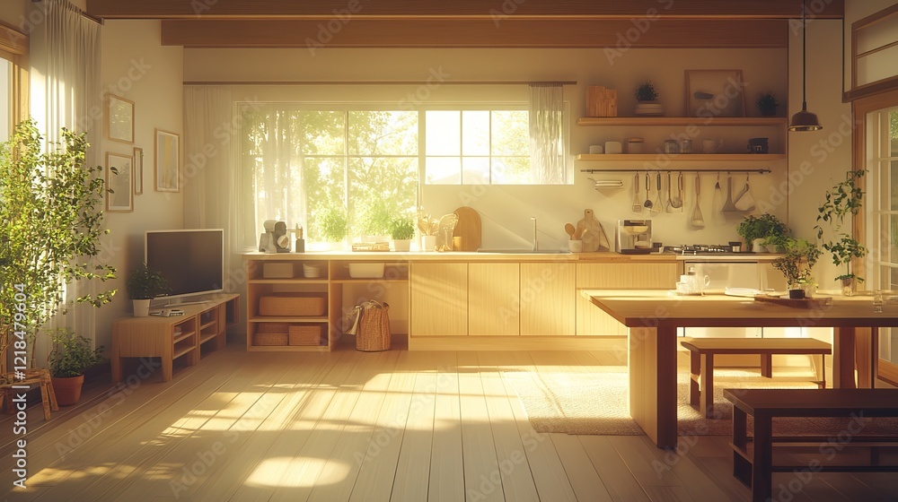 Bright and Inviting Kitchen Featuring a Wooden Table Surrounded by Cozy Chairs with Natural Light Streaming Through a Large Window Creating a Warm and Welcoming Atmosphere for Cooking Bright and Inviting Kitchen Featuring a Wooden Table Surrounded by Cozy Chairs with Natural Light Streaming Through a Large Window Creating a Warm and Welcoming Atmosphere for Cooking