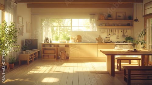 Wallpaper Mural Bright and Inviting Kitchen Featuring a Wooden Table Surrounded by Cozy Chairs with Natural Light Streaming Through a Large Window Creating a Warm and Welcoming Atmosphere for Cooking Torontodigital.ca