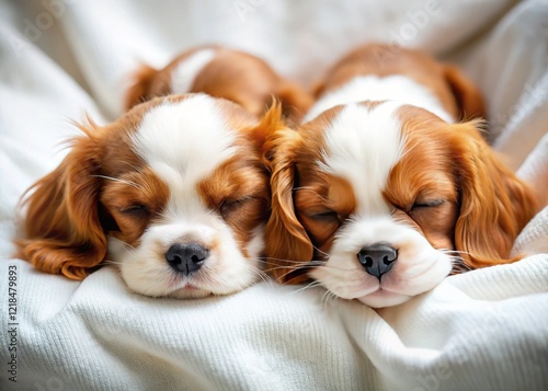 Adorable Cavalier Puppies Sleeping, Top View, Home Sweet Home photo