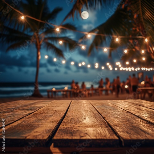 Close-up of a wooden table of a beach bar and restaurant of a lively night-time