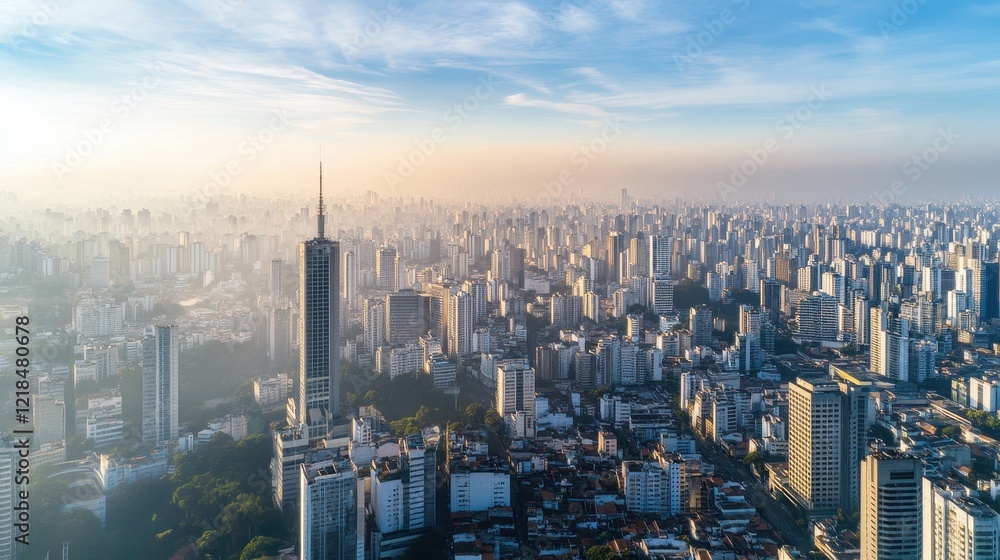 Obraz premium Cityscape at Dawn: An aerial view captures a sprawling metropolis awakening at dawn, skyscrapers piercing a hazy sunrise, showcasing the dynamic energy of urban life.