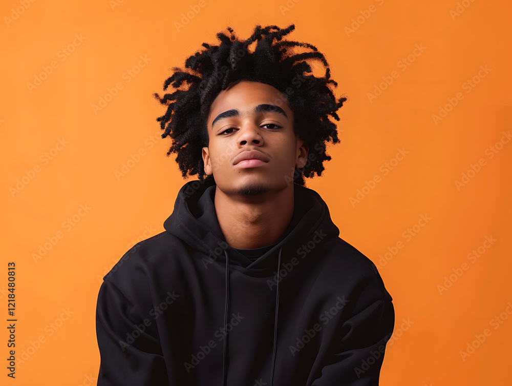 Portrait of a Young Man in a Black Hoodie Against an Orange Background Portrait of a Young Man in a Black Hoodie Against an Orange Background