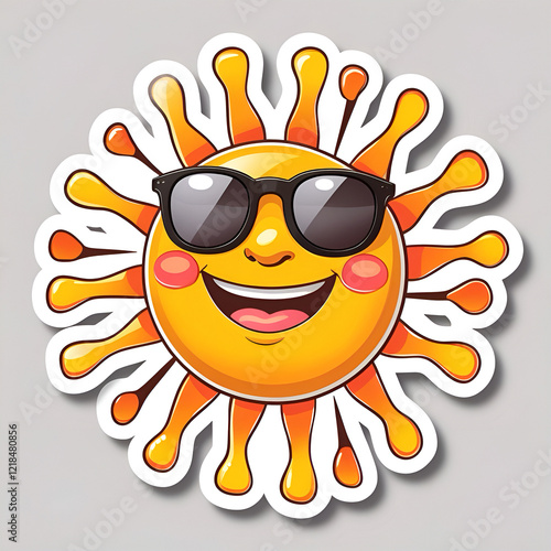 A cheerful cartoon sun with rounded rays, sunglasses, and rosy cheeks. Bright yellow and orange tones with a white cut-out border make it perfect for spring-themed designs. photo