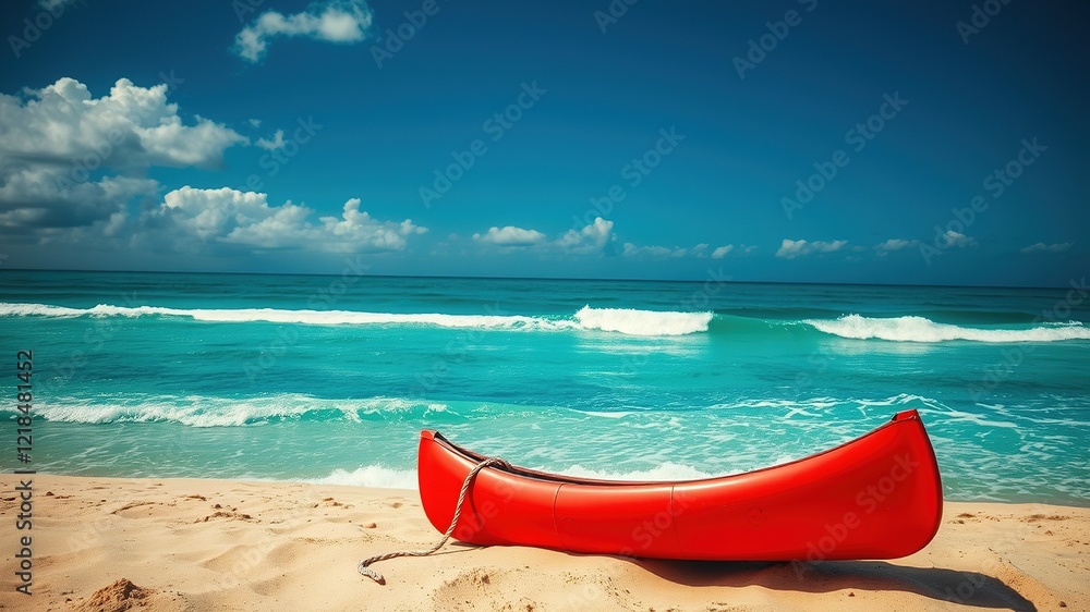 Beach Rescue, Life Buoy, Red Canoe - Stunning AI Photo Beach Rescue, Life Buoy, Red Canoe - Stunning AI Photo
