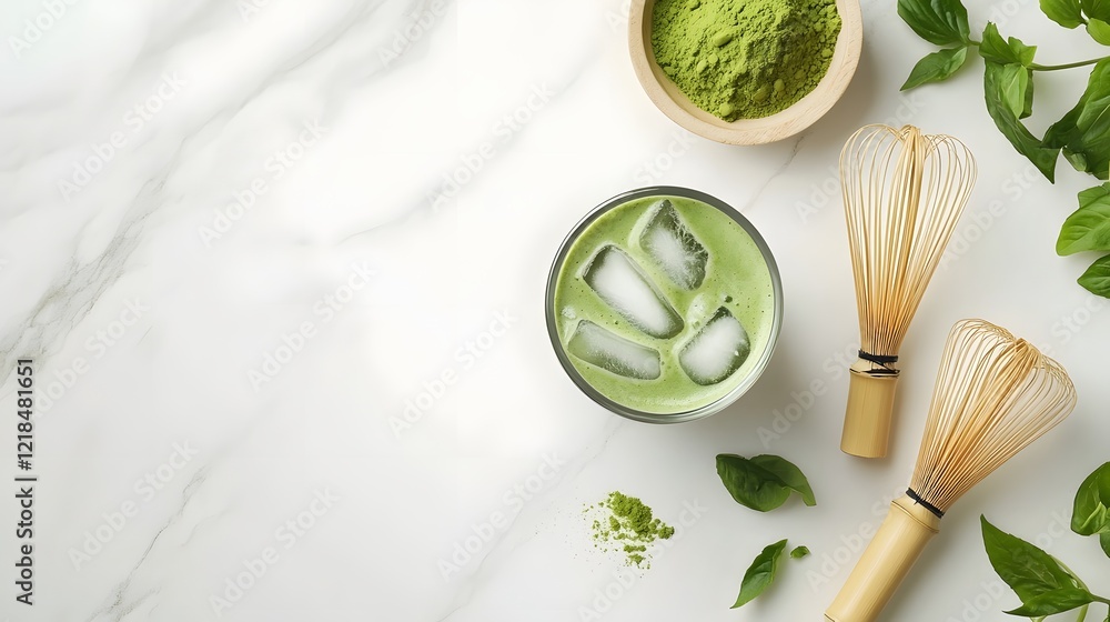 Obraz premium Delightful Iced Matcha Latte on Marble Countertop with Ingredients
