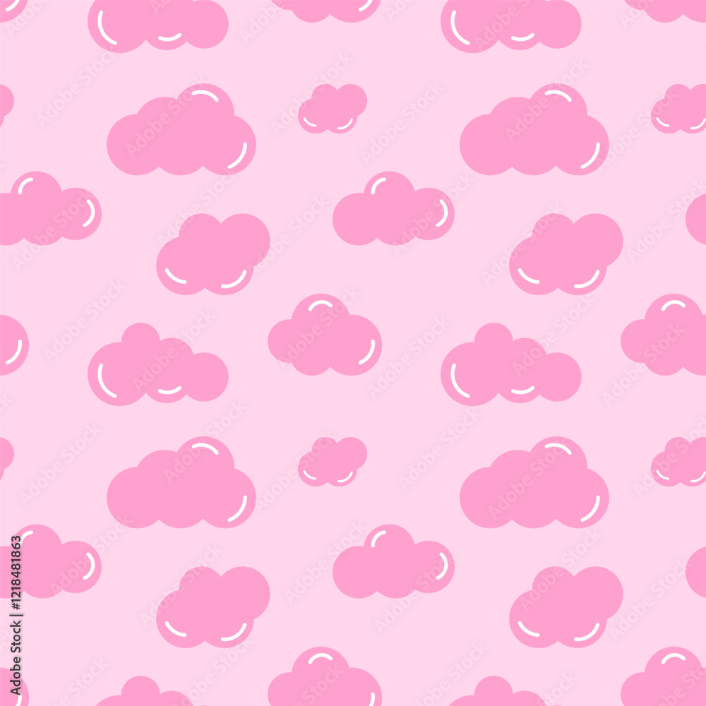 Cloud repeat pattern.Seamless pattern with pastel pink clouds isolated on light pink background.Vector graphic illustration.