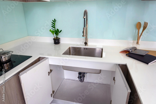 Modern Kitchen Sink White Countertop Stainless Steel Faucet Interior Design