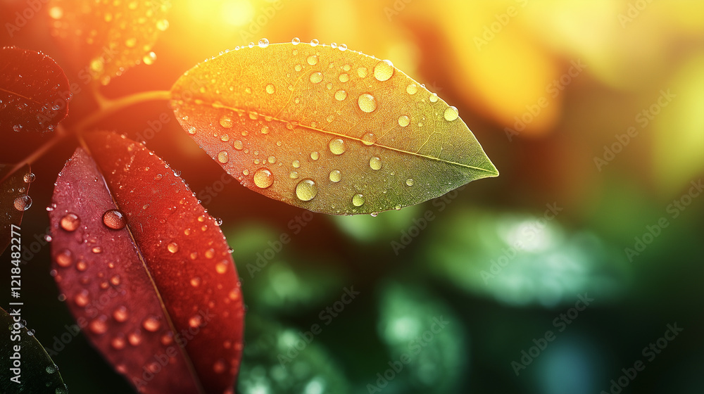 Vibrant leaves with water droplets illuminated by warm sunlight. Vibrant leaves with water droplets illuminated by warm sunlight.