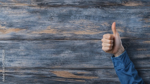 A close-up of a male's hand giving a thumbs-up gesture against a rustic wooden background. photo