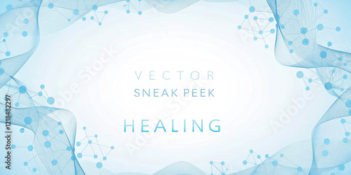 Abstract blue design with healing theme, featuring soft waves and molecular structures, creating calming and serene atmosphere