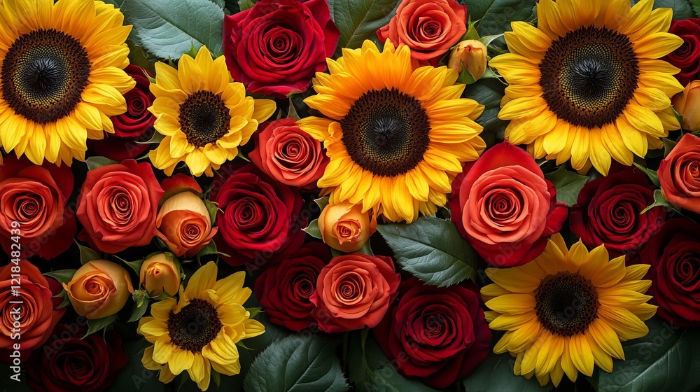 Naklejka premium Vibrant Bouquet of Sunflowers and Roses in a Rustic Setting Emphasizing Natural Beauty and Colorful Floral Arrangement Evoking Joy and Warmth in a Bright Summer Day Atmosphere