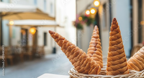 Traditional romanian kurtos kalacs pastries in a basket on a cobblestone street photo