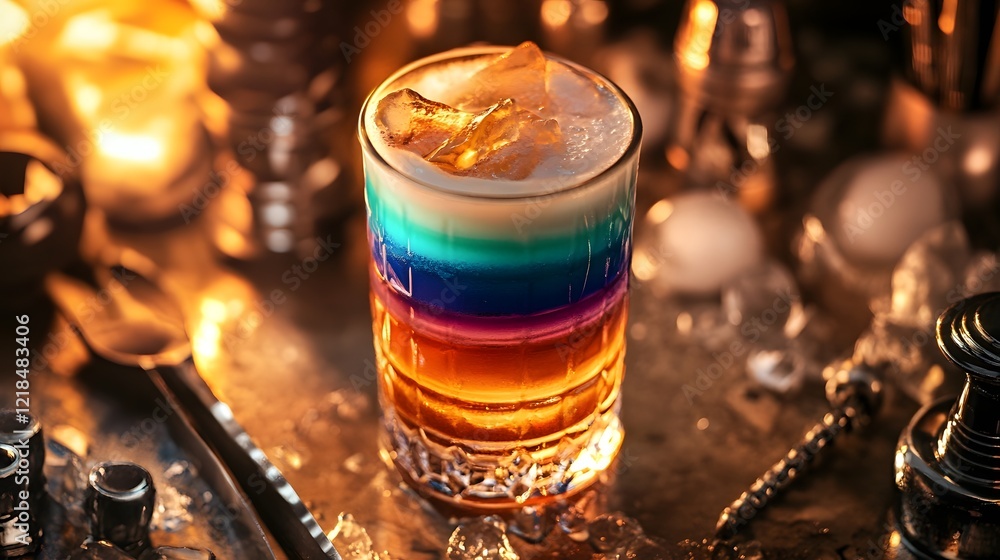 Layered Cocktail Masterpiece with Intricate Details Surrounded by Bar Tools