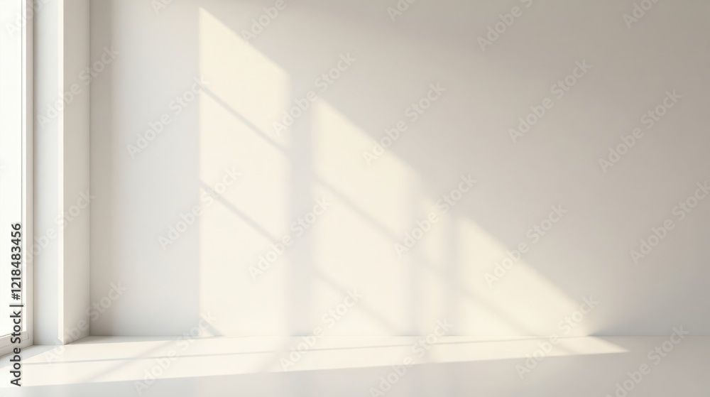 Obraz premium Serene Minimalist Room with Sunlight Illuminating a Blank Wall Perfect for Product Placement or Design Inspiration