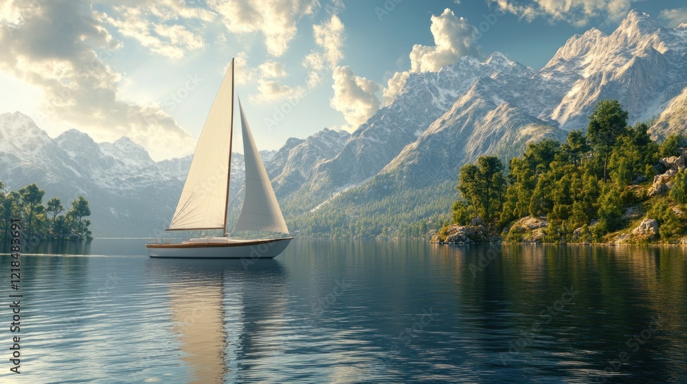 Naklejka premium Sailboat on serene mountain lake at sunrise