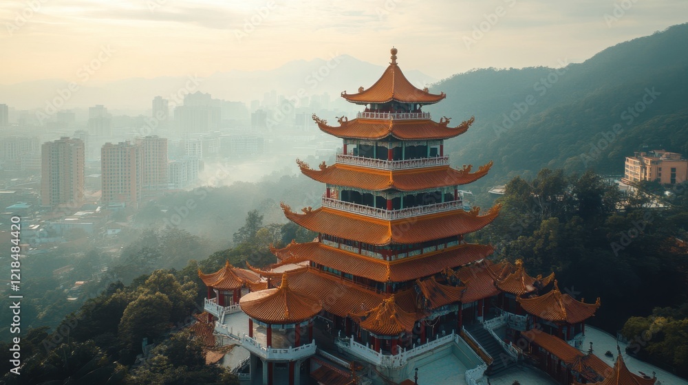 Serene Pagoda Over City: A majestic orange pagoda stands tall amidst misty mountains, overlooking a sprawling cityscape at dawn. The scene evokes a sense of tranquility and cultural richness. Serene Pagoda Over City: A majestic orange pagoda stands tall amidst misty mountains, overlooking a sprawling cityscape at dawn. The scene evokes a sense of tranquility and cultural richness.