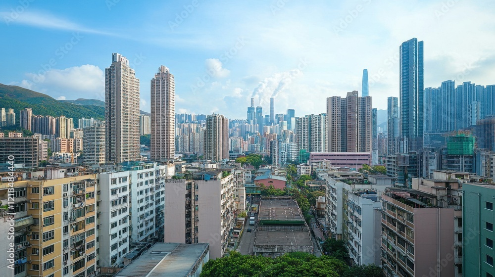 Obraz premium Hong Kong Skyline: A panoramic view of Hong Kong's bustling skyline with towering skyscrapers, dense residential buildings, and vibrant green foliage, captured under a clear blue sky. 