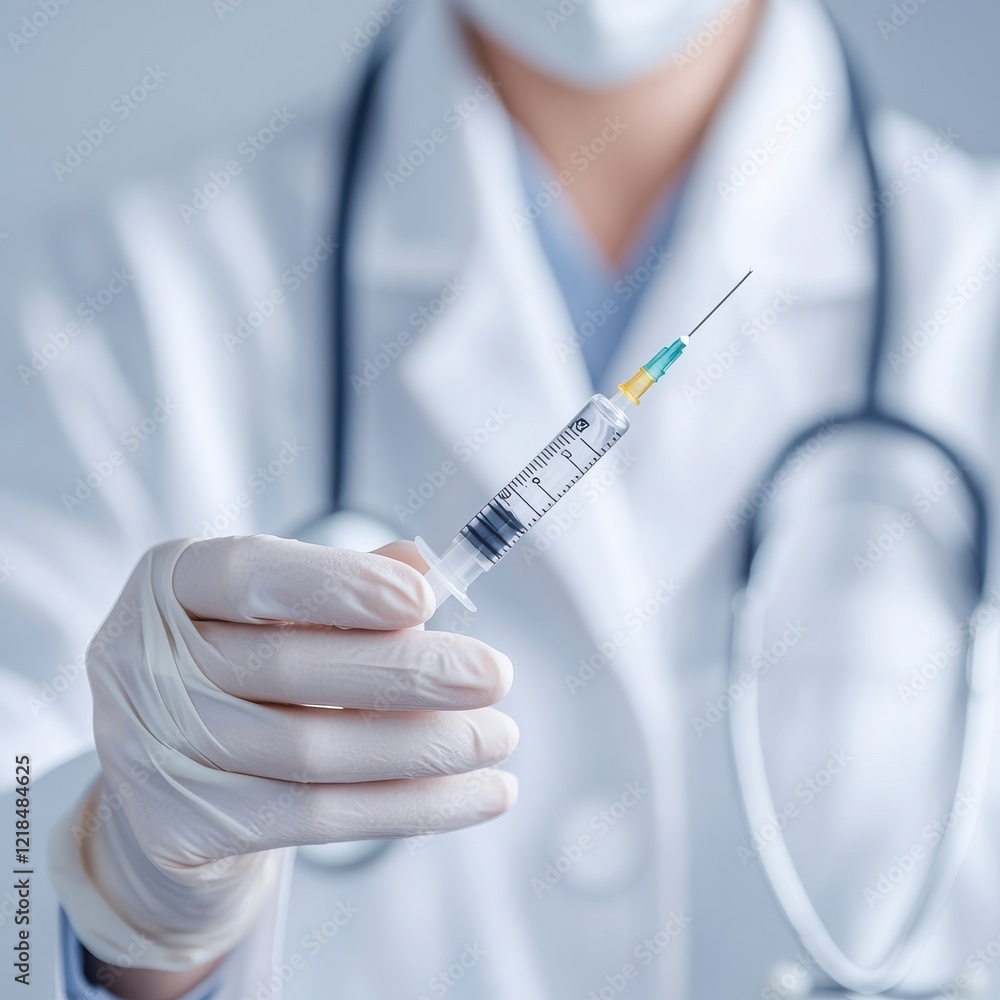 A healthcare professional holds a syringe with a stethoscope. Perfect for topics on medicine and vaccination. A healthcare professional holds a syringe with a stethoscope. Perfect for topics on medicine and vaccination.