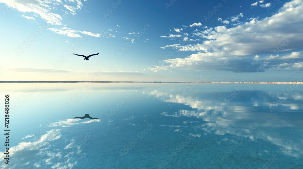 Fototapeta premium Bird soaring over calm desert lake, sunrise reflection