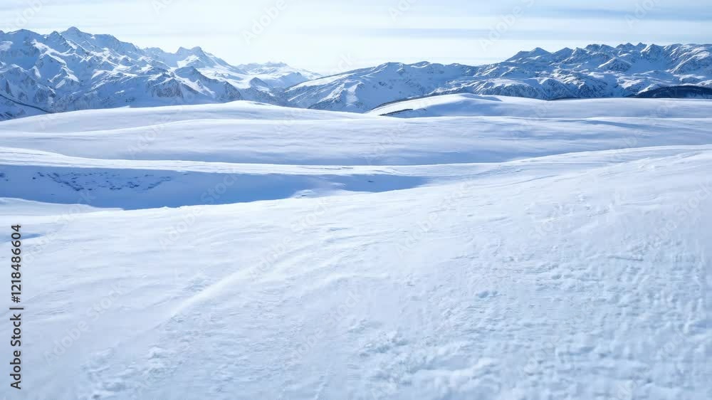 A snow covered mountain range with a large, open field in the foreground A snow covered mountain range with a large, open field in the foreground