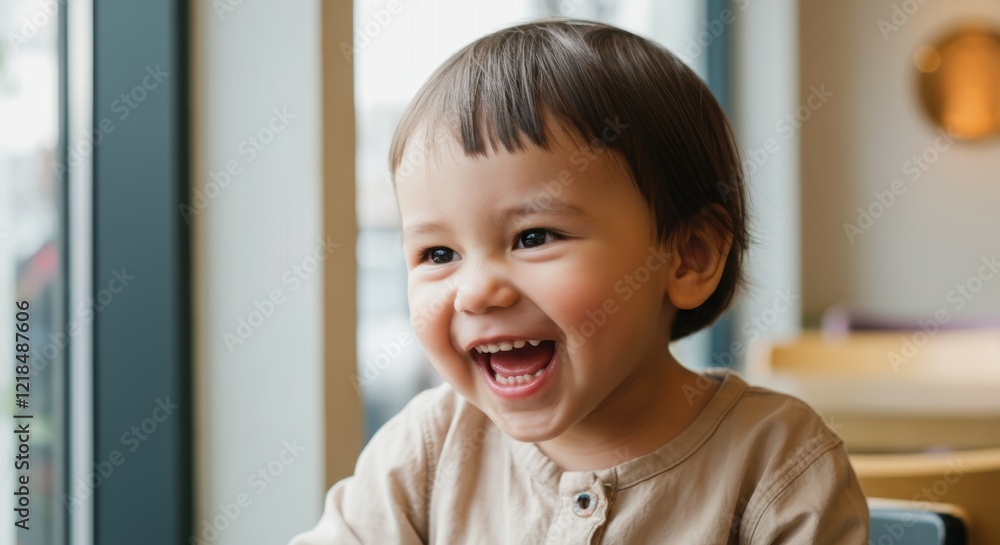 Smiling asian child joyfully laughing indoors Smiling asian child joyfully laughing indoors