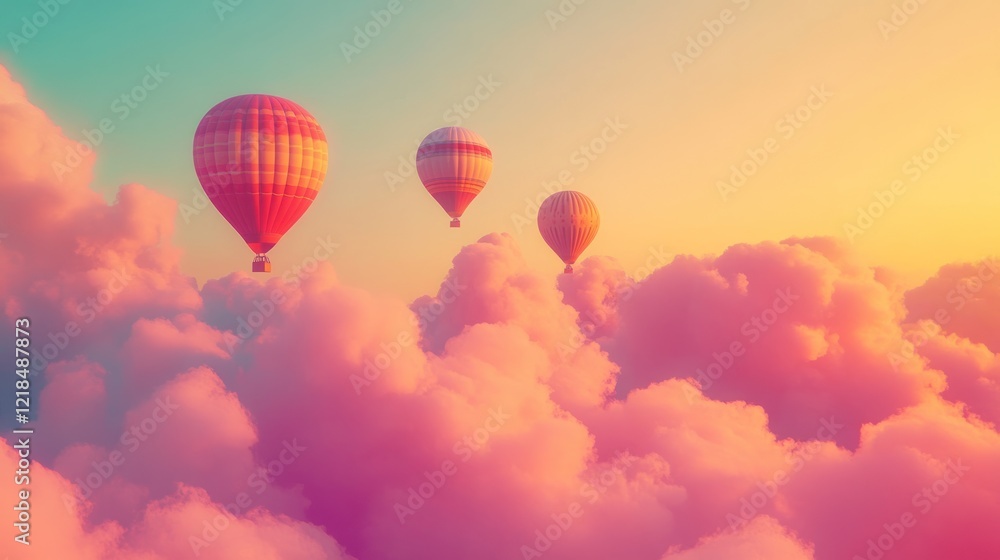 Fototapeta premium Hot air balloons soar above pastel sunset cloudscape (1)