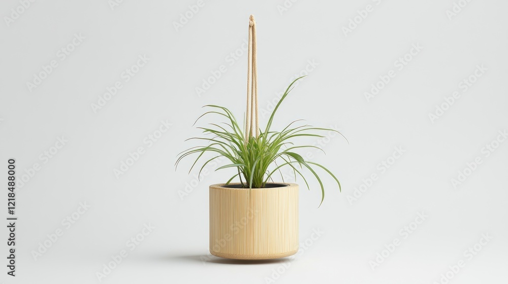 Fototapeta premium Hanging air plant in wooden pot, minimalist studio shot, home decor